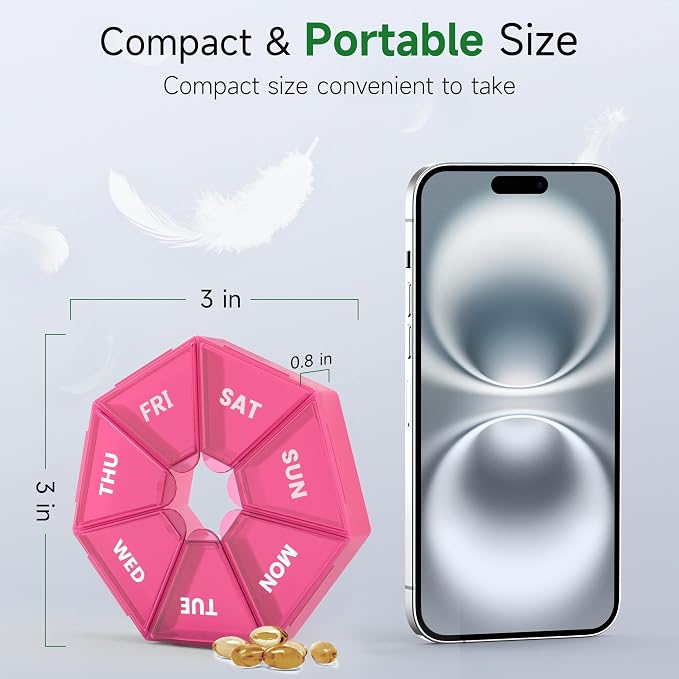 Weekly Pill Organizer, 2 Pack Portable Travel Pill Box, 7 Day Pill Case | Easy Open, BPA-Free, Arthritis Friendly Medicine Pill Container, Medicine Case for Vitamins,Supplements Medications, Red