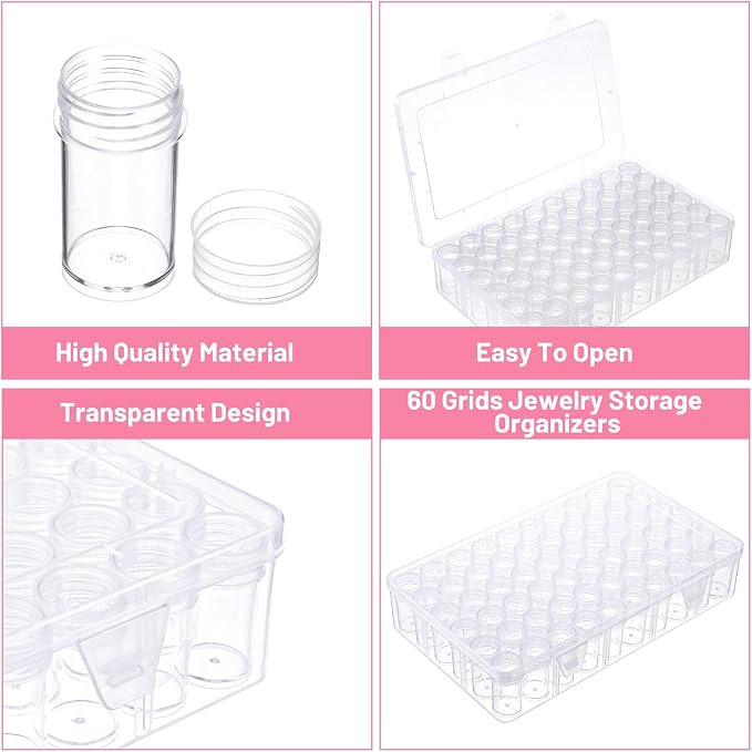 2 Pack 60 Grids Bead Organizers and Storage Diamond Art Storage | Durable Pet Material, Portable Diamond Art Storage, Small Storage Container, for Beads Seeds Glitter Rhinestones