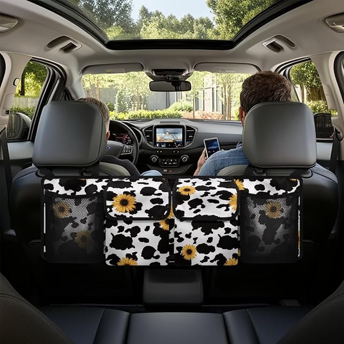 Cow Print Sunflower Car Organizers Storage - Hanging Trunk Bag, 4-Section Back Seat Design Car/SUV/Truck Accessories