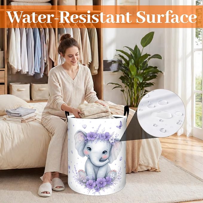 Elephant Laundry Basket, Purple Floral and Butterfly Oxford Cloth Dirty Clothes Collapsible Hamper for Room Decor, Cute Animal Gifts, Toy Organizer 19.7 x 15.7 Inches for Bedroom Bathroom Dorm