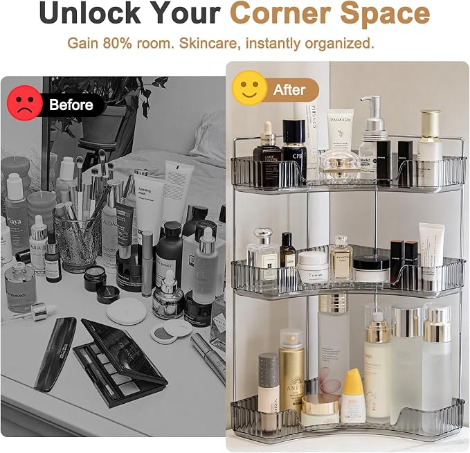 Corner Bathroom Counter Organizer, Vanity Organizer - Countertop Corner Shelf for Makeup Storage,Spice Racks for Kitchen Corner (Gray, 3-Tier)