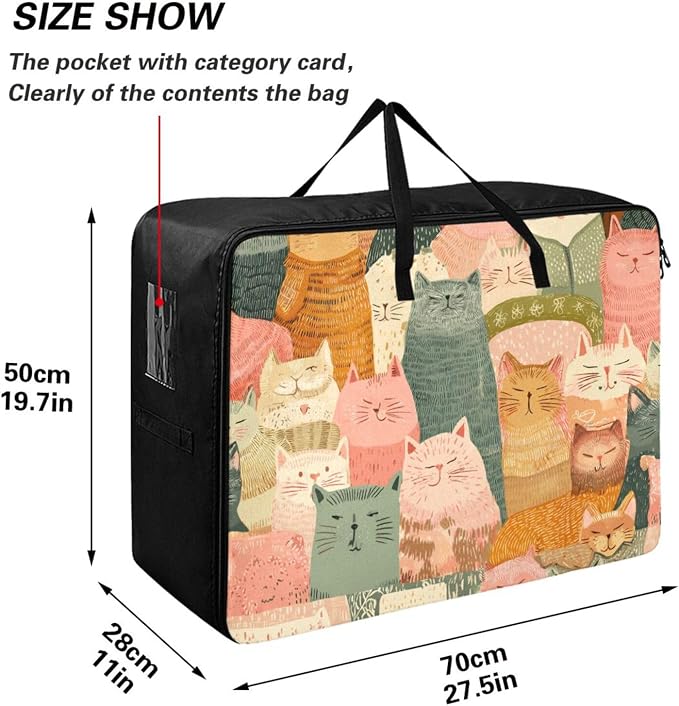 Comforter Storage Bags Large Folding Blanket Organizer Bag with Strong Handles Clear Window Closet Storage Containers for Clothes King Queen Pillows Bedding Quilt Duvet Orange Pink Cat