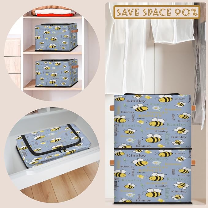 Personalized Storage Bins with Zipper Lid, Customized Name Storage Basket Rectangle Clothes Organizer for Kids and Pets Toys Shelf Closet, Cartoon Bee with Daisy Floral Grey Blue Background