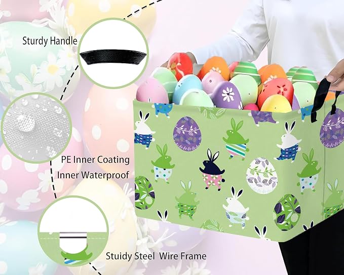Large Rectangular Easter Baskets Empty Waterproof Boy Toy Box Foldable Kid's Gifts Storage Bin Spring Room Decor(Green Dancing Rabbit Egg)