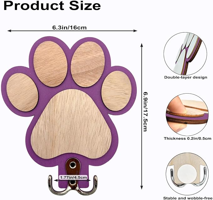 Goodangie00 Rustic Wooden Dog Leash Holder Wall Decoration, Cute 3D Puppy Paw Wall Mount Hanger Organizer Hooks for Home Farmhouse Bathroom, Coat Rack, Keys, Harness, Collars, Pet Lover Gift (Purple)