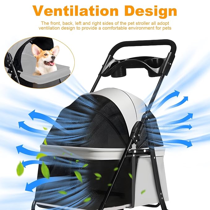 4‑Wheel Foldable Pet Stroller, Travel Strolling Cart for Small & Medium Dog | Breathable Visible Mesh Window, Cup Holder & Storage Basket, Rear Wheel Dual Brake, Portable Folding Design Light Grey