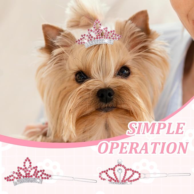 2Pcs Gem Rhinestone Dog/Cat Tiara Crown, Crystal Rhinestone Hair Accessories, Tiara Clips for Rolyal Family Costume Hair Accessories (Pink)
