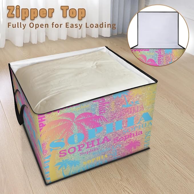 Personalized Storage Bags with Lid Large Blanket Clothes Pink Blue Yellow Palm Trees Colorful Glittering Storage Containers for Comforters,Bedding, Foldable Organizer with Reinforced Handle