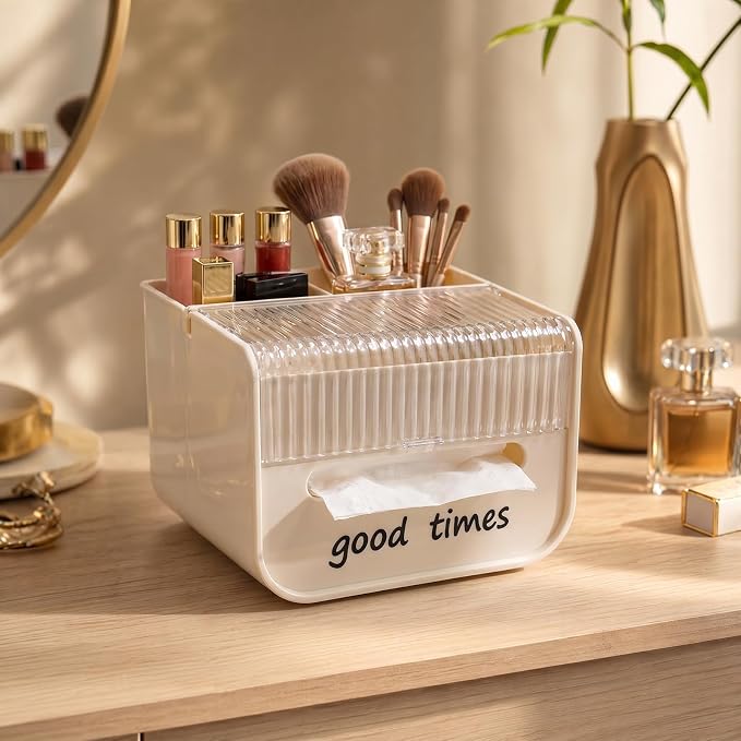 Tissue Box Cover with Storage Tray, Decorative Remote Organizer for Nightstand Bedroom Office Desk