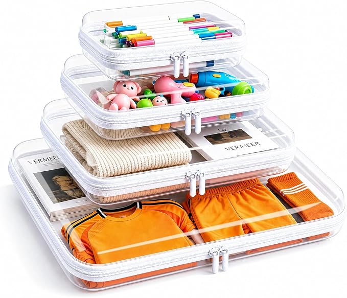 Clear Hard Shell Zipper Case, Crush-Proof Clear Zipper Pouches, TSA Approved Travel Toiletry Bag, Waterproof Makeup Bag & Diaper Bag, Organizer Bins for Toy Storage, Travel Accessories XL+L+M+S-White