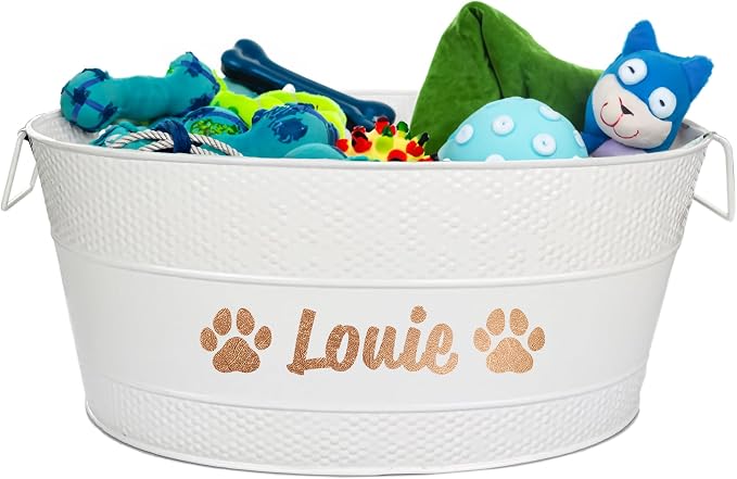 BREKX Personalized Metal Dog Toy Box - White Galvanized Storage Bin with Handles, Organizer Storage Basket for Pet Toys, Blankets, Leashes - (25 Quart)