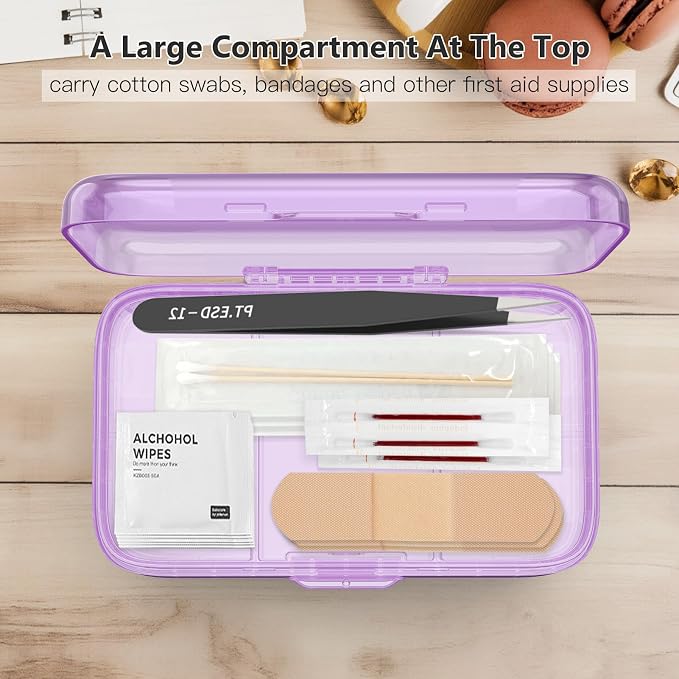 FYY Travel Pill Organizer, Large Weekly Medicine Pill Organizer-Purple | Airtight Moistureproof Medicine Case, Easy to Use, 8 Compartment Pill Box for Vitamins, Fish Oil, Supplements, Mini First Aid