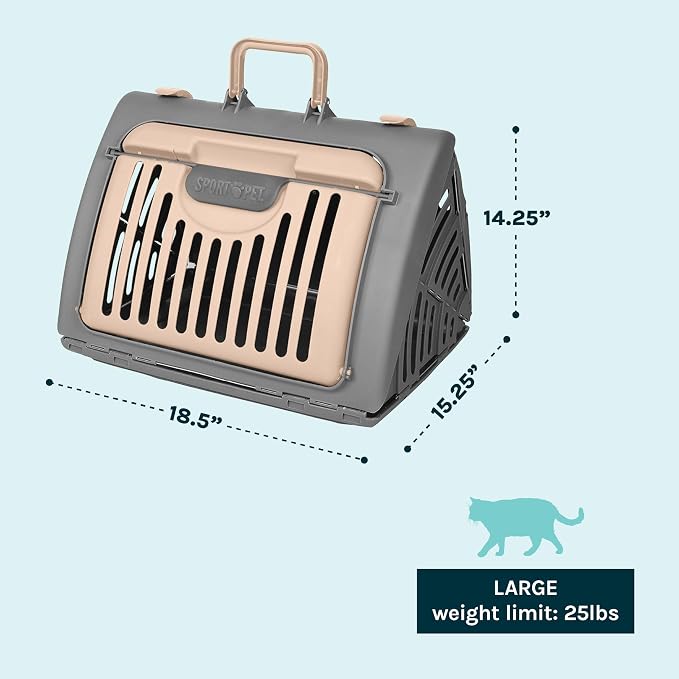 SportPet LARGE Hard-Sided Travel Cat Carrier - Cat Carrier with Patented Wide Side-Opening Door, Foldable Portable Pet Carrier with Removable Bed for Cats & Small Pets up to 25lbs - Gray/Tan