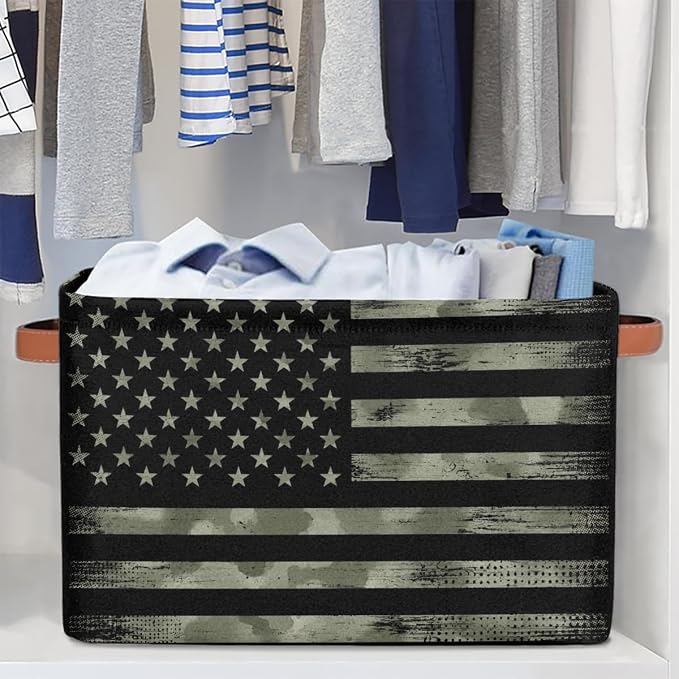Pardick Flag Basket Storage Bins Rectangle Canvas Basket Cube Storage Box | Nursery Foldable Basket with Handle for Kids Girls Boys Toys Living Room Closet Organizer Shelf Gifts Camo Amry