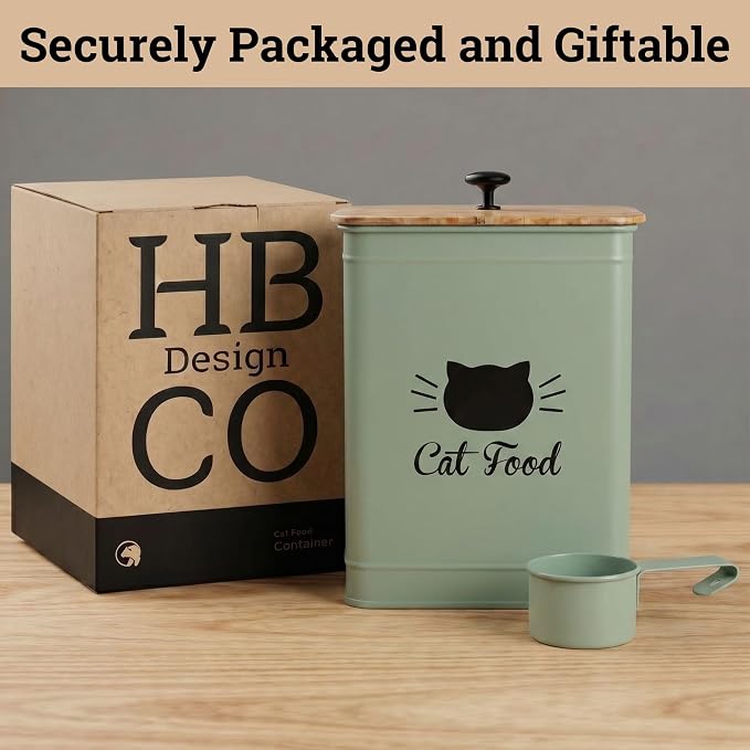 Metal Cat Food Container with Scoop 5-7 lb (25 Cup), w/ Airtight Bamboo Lid | Cat Kibble Canister with Metal Scoop, 25 Cups, Chew Proof Iron Body, Powder Coated, Airtight Bamboo Lid, Sturdy Metal Handle