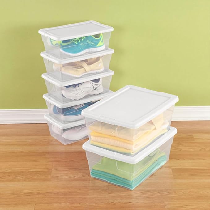 Sterilite 6 Quart Storage Box, Clear Plastic with White Snap Lid, 12 Pack
