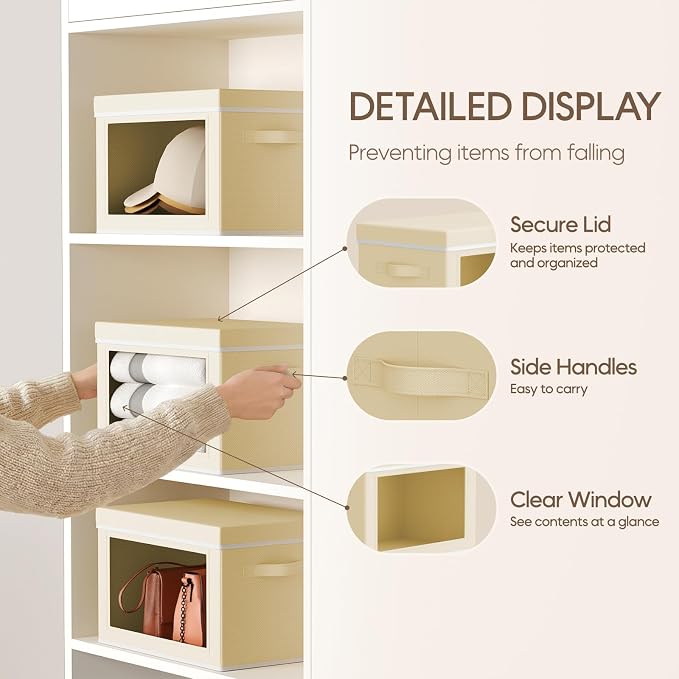 Storage Bins with Lids - Small Fabric Organizers with Window, Collapsible Storage Bins for Clothes, Decorative Closet Organizers for Towels, Tshirt, 4 Pack, Beige