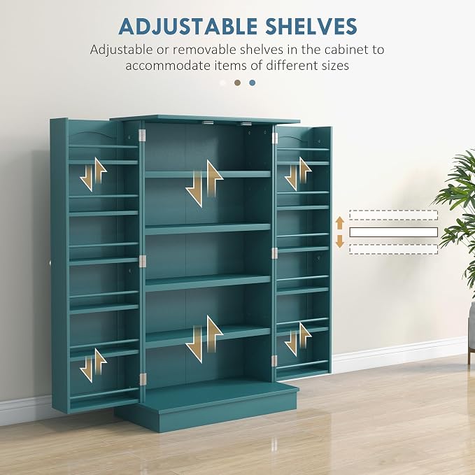 HOMCOM 41" Kitchen Pantry Storage Cabinet 12 Door Shelves Double Doors Blue | Freestanding Kitchen Cabinet, 2 Doors, 5-Tier Shelving, Adjustable Shelves