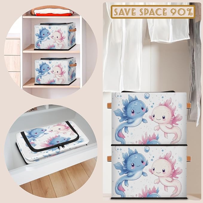 Ocean Axolotls Storage Bins With Zipper Lid, Trunk Organizer, Car Organizers and Storage Bins with Lids, Decorative Storage Boxes with Handle, Home Storage Baskets for Organizing