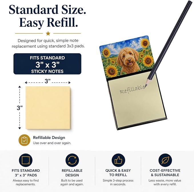 Caroline's Treasures Labradoodle in Sunflowers Watercolor Sticky Note Holder Refillable Dispenser Desk Accessory 3x3 Pad Gift