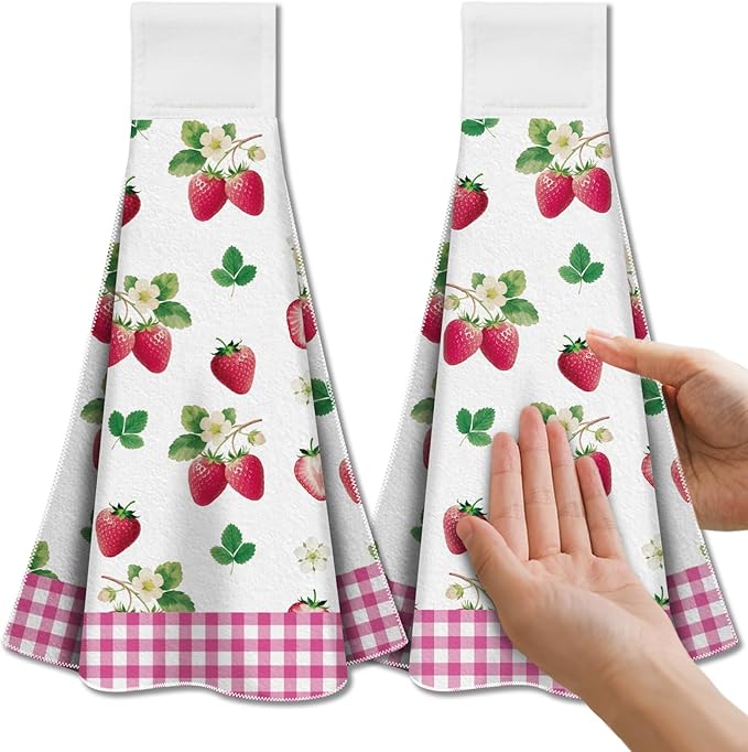 CUTHOLLOW Strawberries Hanging Kitchen Towels with Loop, Set of 2 - Soft & Super Absorbent Microfiber Decorative Hanging Dish & Hand Towel, Tea, Coffee Towel for Kitchen Bathroom Oven Handle