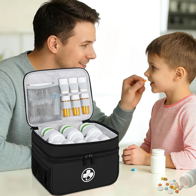 Dual Layers Medicine Organizer, Lockable Travel Pill Bag, Black | Adjustable dividers for neat pill organization. Durable zippers & portable design suit daily use, travel or first aid kit