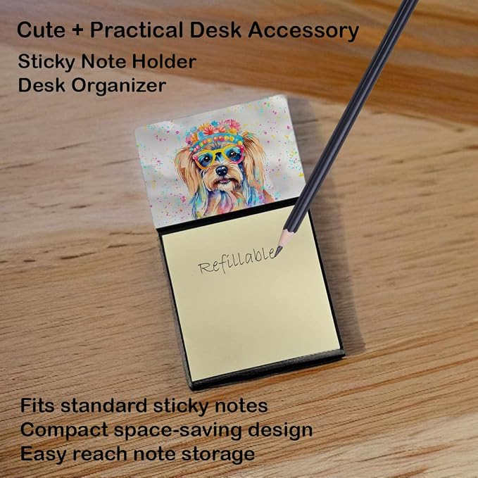 Caroline's Treasures Yorkshire Terrier Hippie Dawg Sticky Note Holder Refillable Dispenser Self-Sticky Note Pads, Memo Pads Blank Desk Accessories