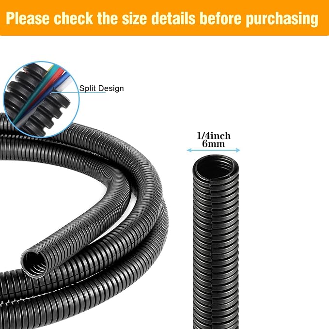 1/4 Inch Wire Loom Split Tubing - 15 ft Cord Protector Electric Wires Covers, Automotive Wire Flexible Conduit, Plastic Wire Cover with Cable Zip Tie (1/4"-15ft)