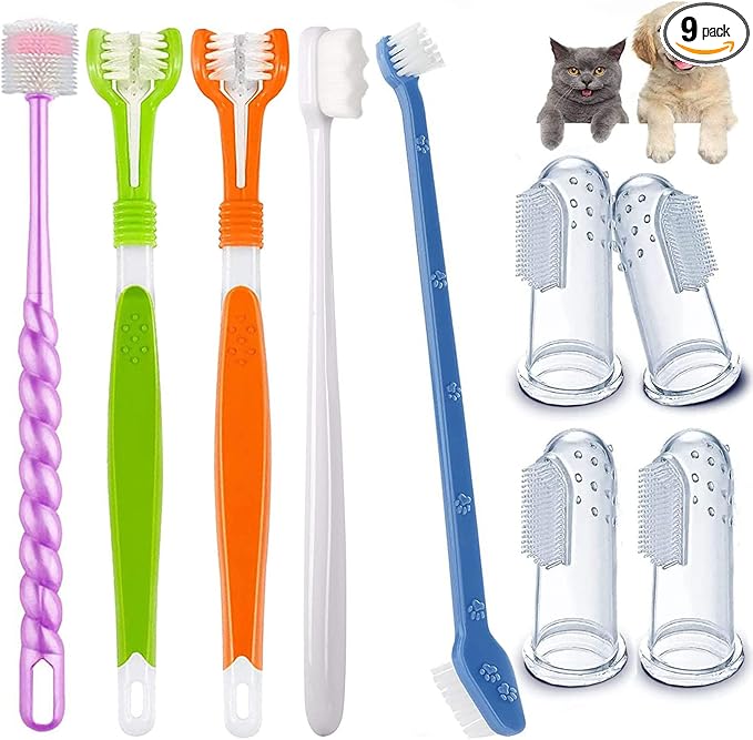 9-Pack Dog Toothbrush Kit, Triple Head & Double Head Dog Toothbrush, 360 Finger SiliconeToothbrush, Multi-Angle Dental Cleaning Brushes for Cat Oral Health