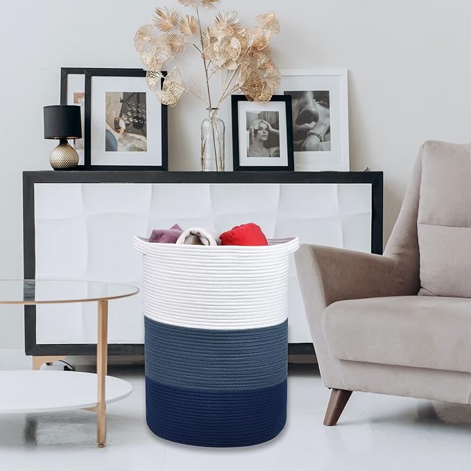 Cotton Rope Blanket Basket, 72L Tall Laundry Hamper, White & Blue