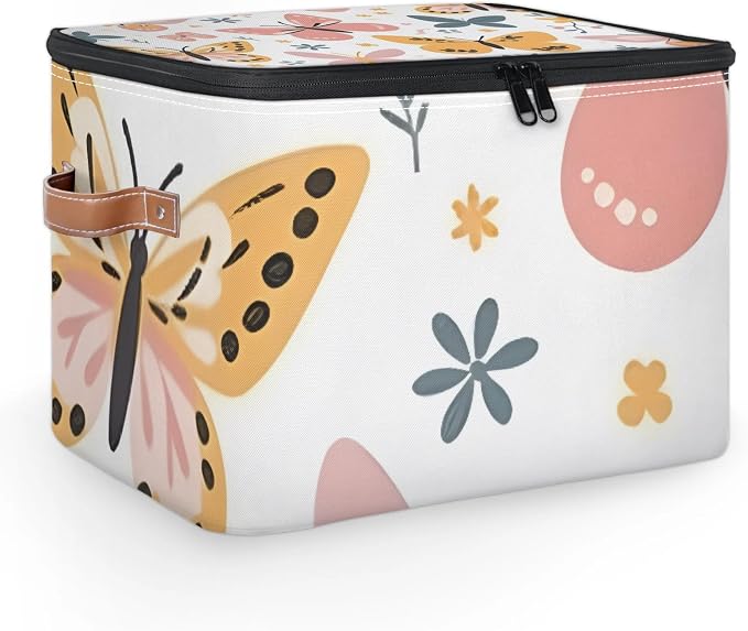 Pink Butterfly Foldable Storage Bin with Lid Zipper | Closet Shelf Organizer, Boxes, Basket Containers for Home, Lidded Storage Cube for Bedroom, Waterproof, with Handles