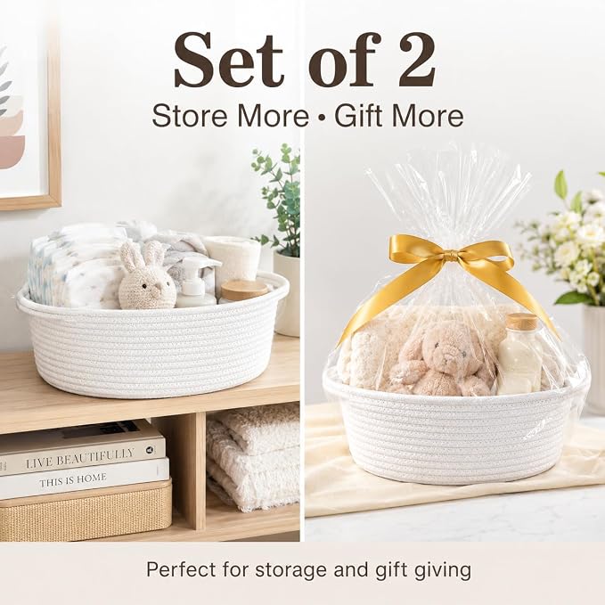 ABenkle Small Basket with Handles, Boho Decorative Rope Woven Dog Cat Toy Storage Bin Shelf Storage Organizer, Easter Christmas Gift Basket, 12"x8"x5", 2 Pack