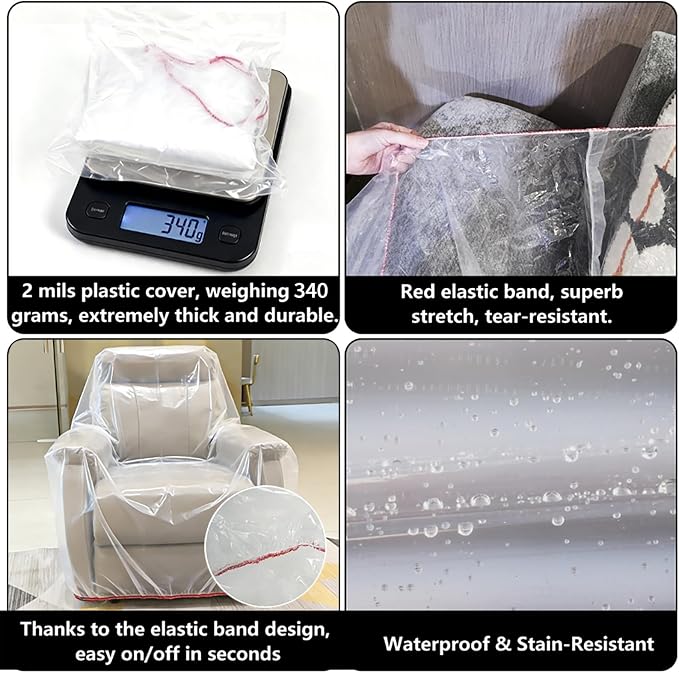 Plastic Chair Cover Furniture Cover with Elastic Band, Clear Recliner Cover Protector for Moving and Storage, Waterproof & Dustproof Moving Bags for Armchair Slipover 34W x 42D x 48H Inches (Chair)