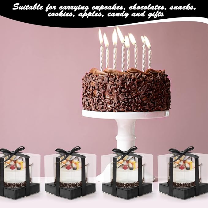 12 PCS Clear Cupcake Boxes 3.5 Inch Cupcake Containers (Black) | Disposable Cupcake Carrier Plastic Individual Cupcake Storage Holder with Ribbons and Inserts for Wedding, Birthday Party