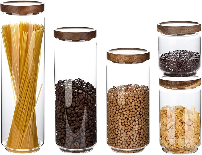 Glass Storage Jars Set with Airtight Wood Lids | Kitchen Food Containers for Coffee Beans/Sugar/Noddles/Pasta