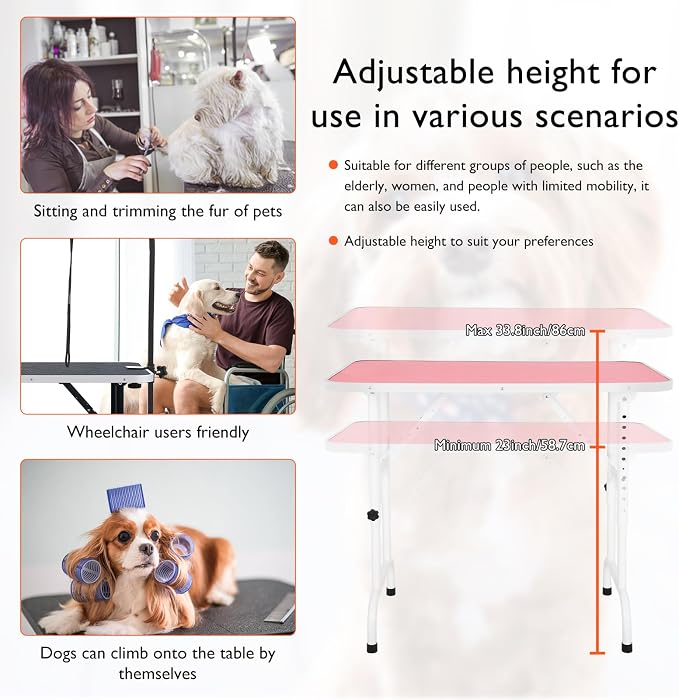 LEIBOU 36-inch Height Adjustable(23''~33.8'') and Foldable Pet Dog Grooming Table with Grooming Arm & 2 Noose for Dog Cat Pet Grooming Maximum Capacity Up to 260lbs