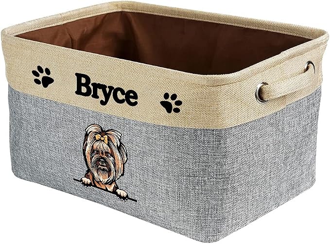 Personalized Fabric Dog Toy Storage Basket with Lovely Dog Yorkie Collapsible Sturdy Fabric Pet Toys Storage Bin Cube with Handles for Organizing, Grey and White