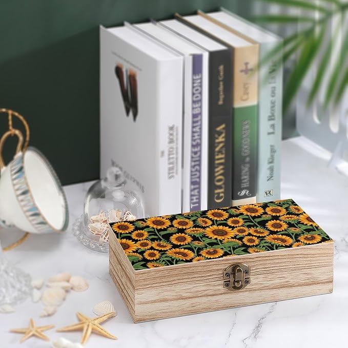 Wooden Memory Keepsakes Box with Hinged Lid and Clasps, Giant Sunflower | Black Crafts Storage Organizer Gift Boxes, Jewelry Container Home Decor for Birthday Party Favor