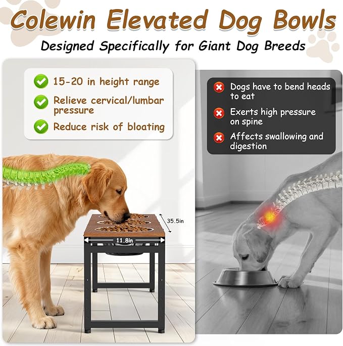Elevated Dog Bowls Large Breed, Adjustable, 3 Bowl 12.5cup/101oz | 15"/16"/17"/18"/20" Height Fits Giant Dogs Like Great Dane, Stainless Steel Bowls , Iron Holder, Wooden Platform, Grained Oak