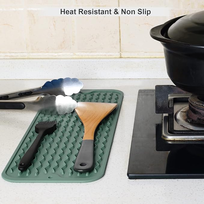 ZLR Small Dish Drying Mat for Kitchen Counter, 6"x17", Dark Green | Narrow Silicone Drainer for Apartment, Dorm & RV, Wavy Ridges Quick-Dry, Non-Slip, Rolls Up, Dishwasher Safe