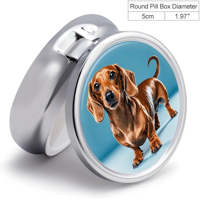 Dachshund Weiner Pet Dog Round Metal Pill Organizer 3 Compartment Travel Pill Case with Mirror Waterproof & Leak-Proof for Daily Meds Vitamins Supplements Fits in Purse Pocket Bag