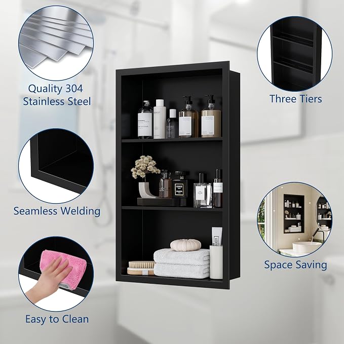 Qeke 14x 24 Medicine Cabinet Recessed with 3-Tiers Shelves, Matte Black | 304 Stainless Steel Medicine Cabinet without Mirror, No Tile Needed Wall Niche for Bathroom Storage, Space Saving & Durable