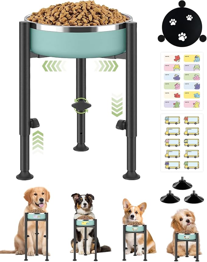 Adjustable Single Raised Dog Food Bowl Stand with 2 Name Stickers | Elevated Dish Holder Fits 6-10inch Wide Dog Bowls, 4 Height Levels for Food and Water, Puppy Medium and Large Breeds