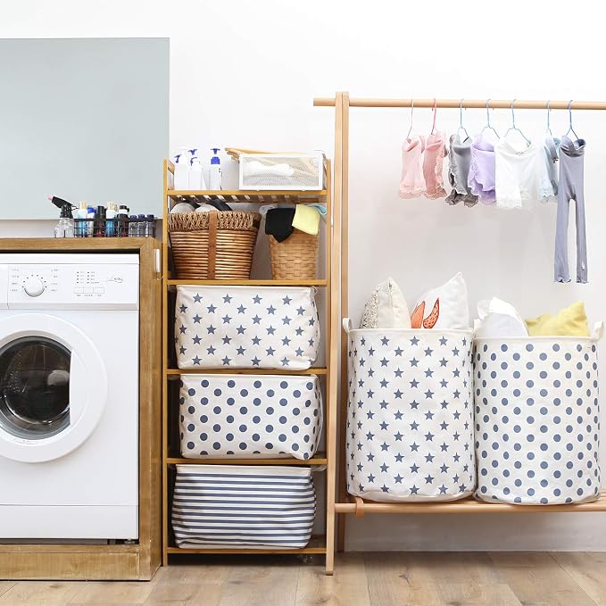 Sea Team Large Canvas Laundry Basket with Handles, Navy Stars | Collapsible Fabric Laundry Hamper, Closet Shelf Organizers, Containers for Clothing, Blankets, Toys, Bedding, 19.7 x 15.7”