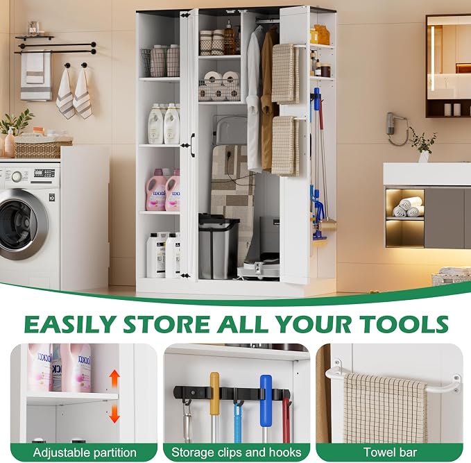 PAKASEPT Broom Closet Storage Cabinet, 63" H Wooden Vacuum Storage Cabinet, Closet with Door, Cleaning Tool Organizer with Shelf and Broom Holder, 63" H×35.4" W×15.7" D, White