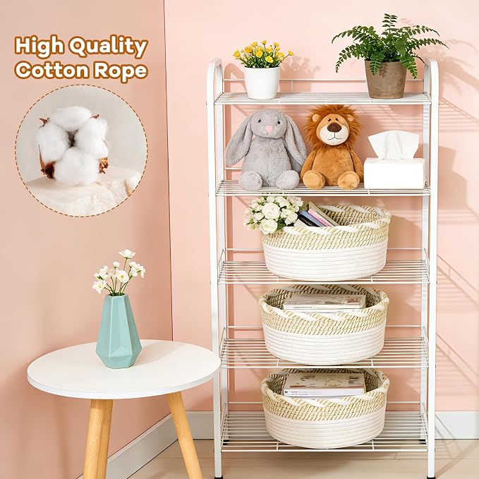 Small Cotton Rope Storage Basket, Boho Cotton Rope Storage Bins for Towel,Pet Kids Toy, Round Jute-Colored Woven Basket, Empty Gift Basket, 8 x 8 x 4