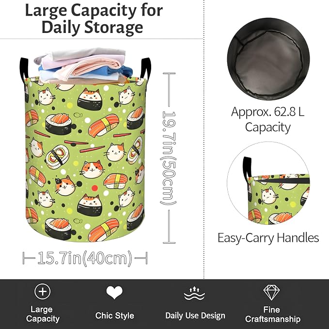 Cute Sushi and Cat Laundry Basket, Kawaii Food Foldable Oxford Cloth, Waterproof Dirty Clothes Hamper with Handles, Clothing Storage Bin Toy Organizer for Bedroom Dorm Bathroom, 19.7"x15.7"