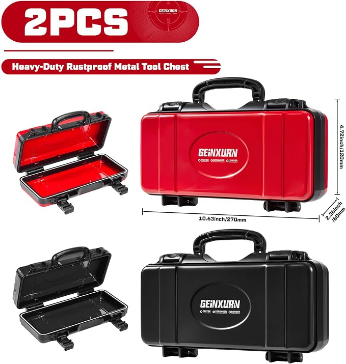 Geinxurn 2 Pieces Metal 11 Inches Steel Portable Tool Box Organizer Red & Black, Durable ABS Tool Storage with Plastic Handle and Double-Buckles