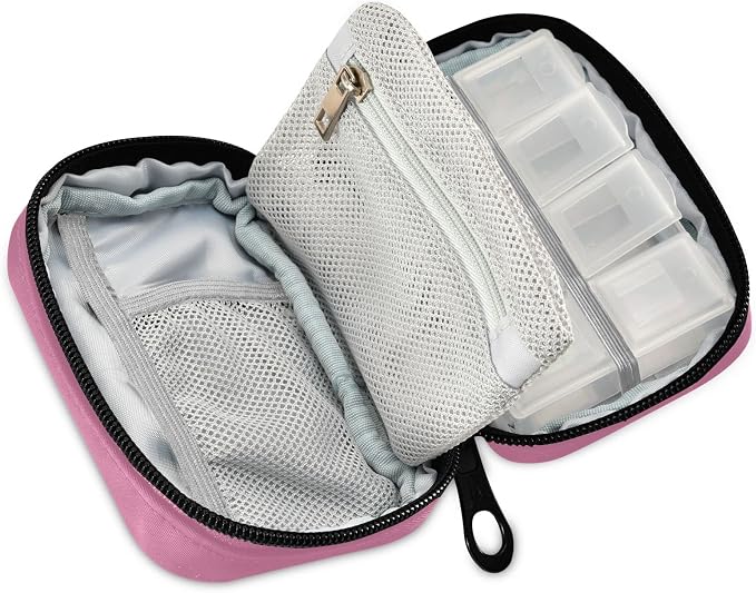 Pill Box 7 Day Pill Case Travel Pill Organizer Bag with Zipper Portable Weekly Case Compact Size for Vitamin Supplement Holder, Solid Color Pink