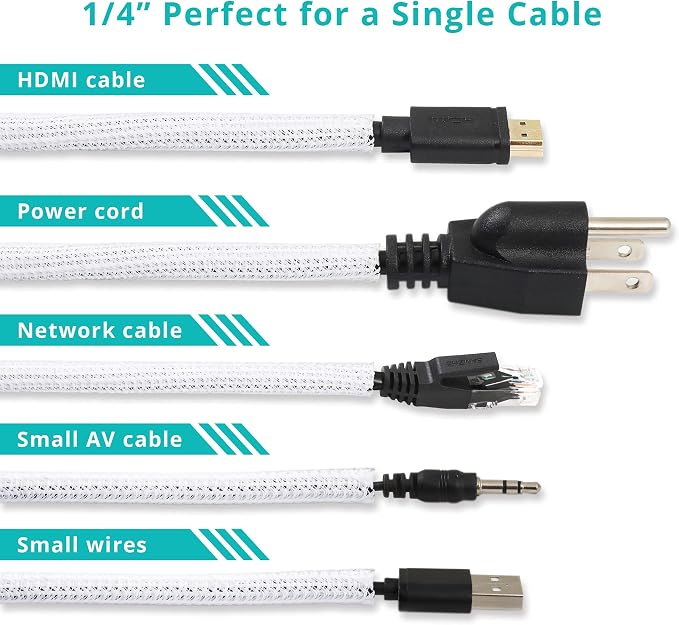 20ft 1/4 inch White Cable Sleeve | Cable Organizer for Desk PC TV Computer, Wire Protector Cable Wrap Cover, Cord Management, Home Office